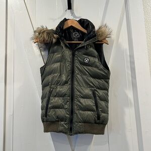 American Eagle Duck Down Green Hooded Fur Trimmed Puffer Vest Size Medium